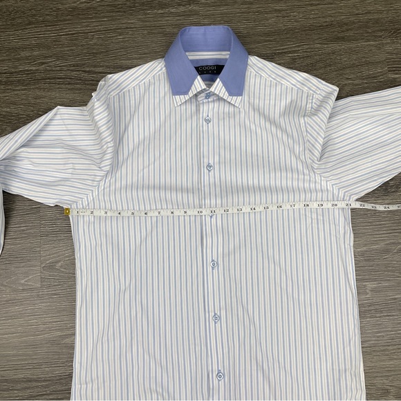 COOGIE LUXE Dress Shirt Mens M 15.5/16 White Blue Striped L/S Flip Cuff Logo - Picture 7 of 14